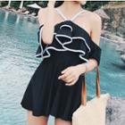 Off-shoulder Ruffle Trim Swimdress