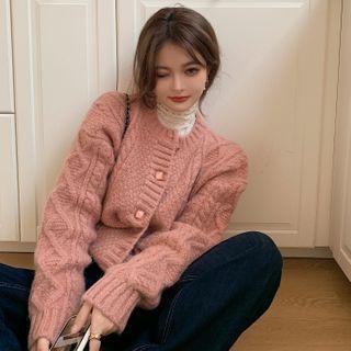 Ruched Turtle-neck Long-sleeve Top / Cable-knit Cardigan