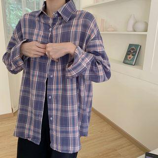 Oversize Long-sleeve Plaid Shirt Purple - One Size