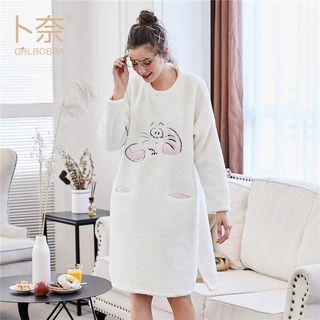 Embroidered Long-sleeve Fleece Sleep Dress