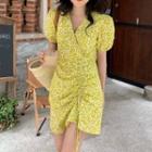 Bell-sleeve Floral Ruched Mini Dress Yellow - One Size