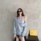 Set: Halter-neck Tank Top + Lettering Sweatshirt Set - Tank Top & Sweatshirt - Gray - One Size
