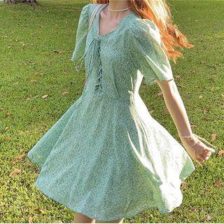 Short-sleeve Floral Print Drawstring Mini A-line Dress Green - One Size