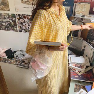 3/4-sleeve Plaid Midi A-line Dress Bright Yellow - One Size