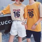 Couple Matching Lettering Color Block Short-sleeve T-shirt