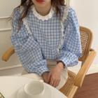 Lace Trim Gingham Blouse Blue - One Size