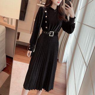 Long-sleeve Accordion-pleat Velvet A-line Midi Dress