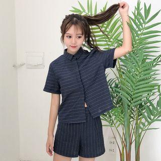 Set : Stripe Long-sleeve Blouse + Wide Leg Pants