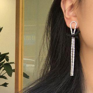 Ribbon Rhinestone Fringed Earring 1 Pair - Bow - Fringed - Silver Pin - Rhinestone - Silver - One Size