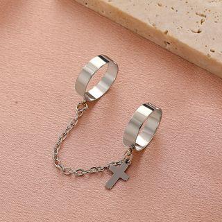 Faux Pearl Chained Alloy Double Ring 03 - Silver - One Size