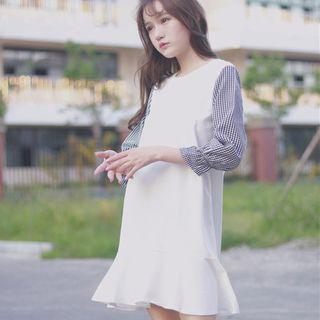 Plaid Panel 3/4-sleeve Minidress
