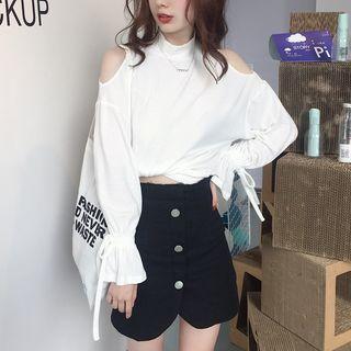 Plain Mock-neck Off-shoulder Long-sleeve Top