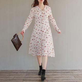 Long-sleeve Cherry Print Midi A-line Dress