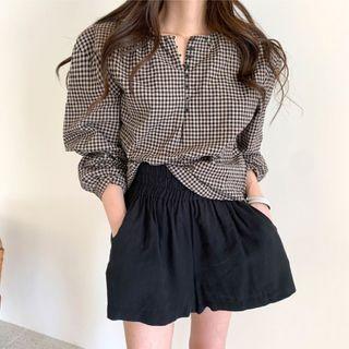 Buttoned Plaid Top / High Waist Wide Leg Shorts
