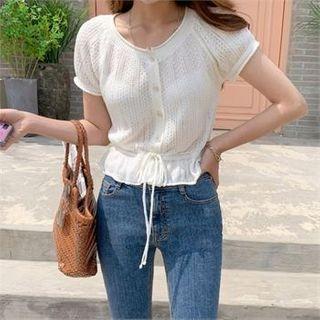 Drawstring-waist Pointelle-knit Cardigan