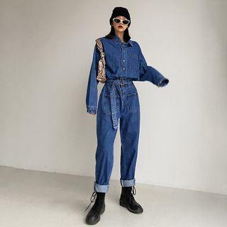 Straight-cut Denim Jumpsuit With Belt