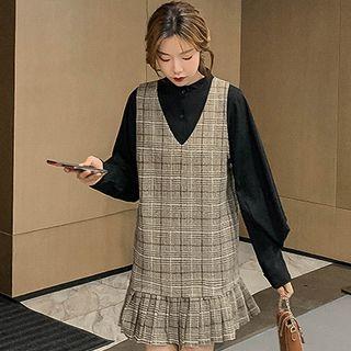 V-neck Houndstooth Pinafore Dress Coffee - One Size