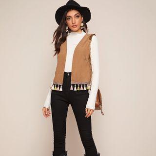 Fringe Hem Open Front Suede Jacket