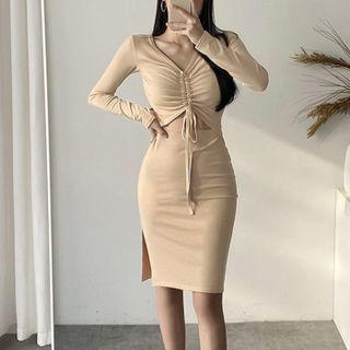 Long-sleeve Drawstring Cutout Slit Sheath Dress
