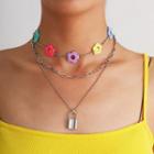 Set Of 3: Flower Choker + Silver Lock Layered Pendant Necklace Silver - One Size
