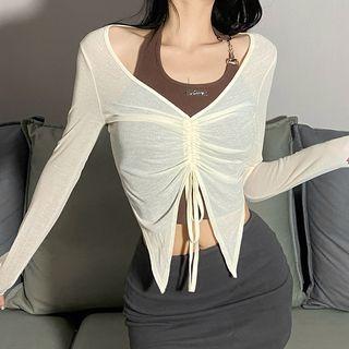 Set: Long-sleeve Asymmetrical Drawstring Crop Top + Halter Top