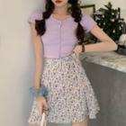 Short-sleeve Button-up T-shirt / Flower Print Mini A-line Skirt