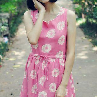Floral Print Sleeveless Drawstring Waist Midi A-line Dress