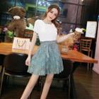 Set: Short-sleeve Lettuce Edge Top + A-line Lace Skirt