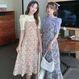 Set: Short-sleeve Blouse + Spaghetti Strap Floral Print Midi A-line Dress