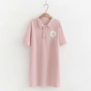 Elbow-sleeve Frill Trim Flower Print Midi Polo Dress Pink - One Size