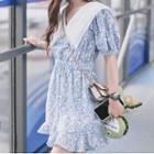 Short-sleeve Lace Trim Collar Floral Print Mini A-line Dress