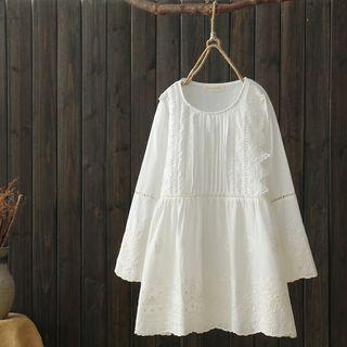 Lace Trim Long-sleeve A-line Dress White - One Size