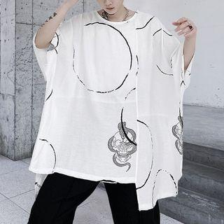 Elbow-sleeve Graphic Print Irregular T-shirt