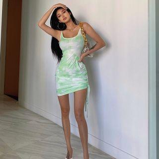 Square-neck Two Tone Drawstring Skinny Mini Dress