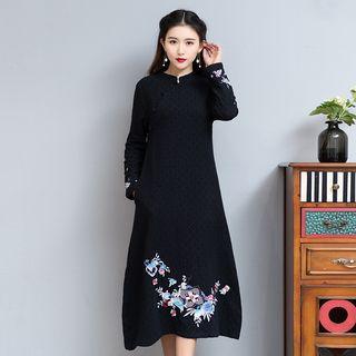 Long-sleeve Floral Embroidered Midi Mandarin Collar Dress
