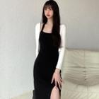 Halter-neck Open-back Side-slit Midi Bodycon Dress / Long-sleeve Cropped Cardigan