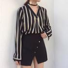 Long-sleeve Striped Top / A-line Mini Skirt