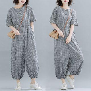 Plaid Short-sleeve Crop Jumpsuit