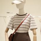 Short-sleeve Striped T-shirt Coffee - One Size