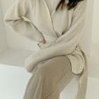 Collared Rib-knit Cardigan With Sash Ivory - One Size