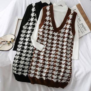 Set: Houndstooth Knit Dress + Mock-neck Knit Top