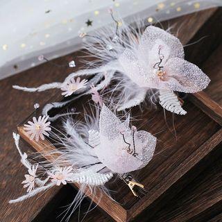 Wedding Feather & Flower Hair Clip 1 Pair - White - One Size