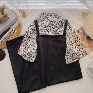 Short-sleeve Leopard Print Shirt / Midi Overall Dress