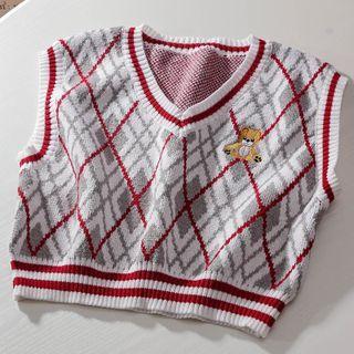 Bear Embroidered Argyle Sweater Vest White - One Size