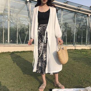 Long-sleeve Plain Lace Up Cardigan White - One Size