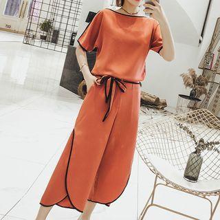 Set: Short-sleeve Piped Top + Wide-leg Pants