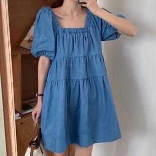 Balloon-sleeve Shirred A-line Denim Dress