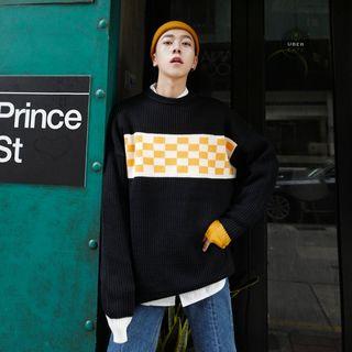 Loose-fit Check-panel Knit Sweater