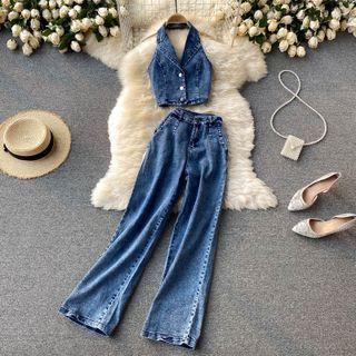 Set Of 2 : Halter Denim Top + High-waist Denim Pants