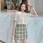 Plain Short-sleeve Blouse / Plaid Slim-fit Skirt